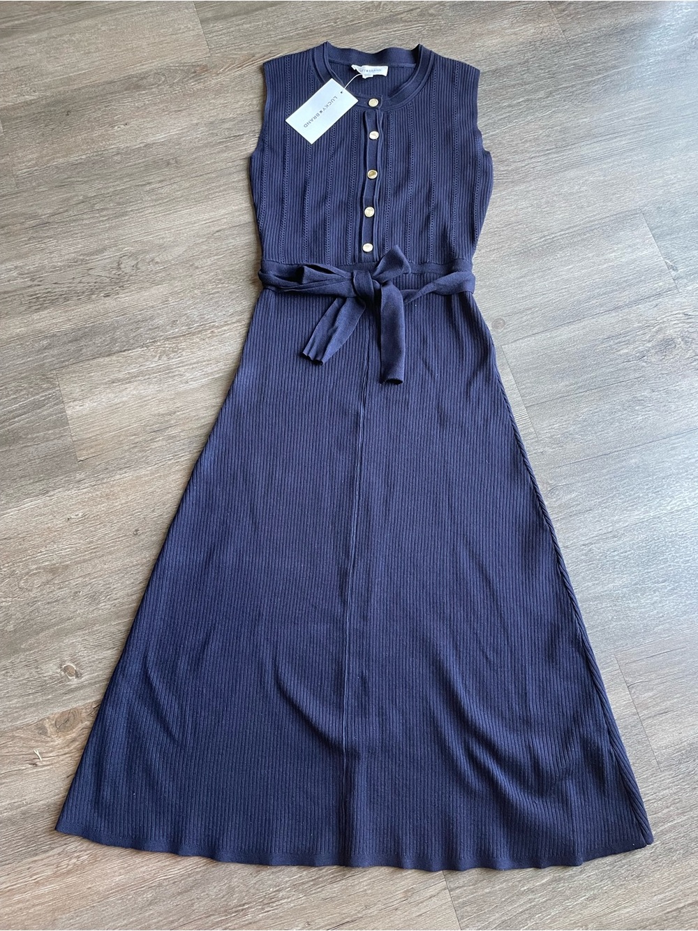 Lucky Brand Ribbed Knit Midi Dress XS Navy Gold Button Nautical Tie Belt NWT